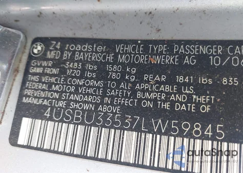 2007 BMW Z4 3.0I from USA, damaged, VIN 4USBU33537LW59845